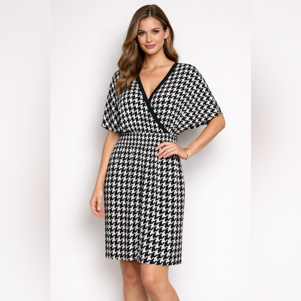 Vince Camuto Houndstooth Faux Wrap Dress Size 8 Dolman Sleeve Black White Office